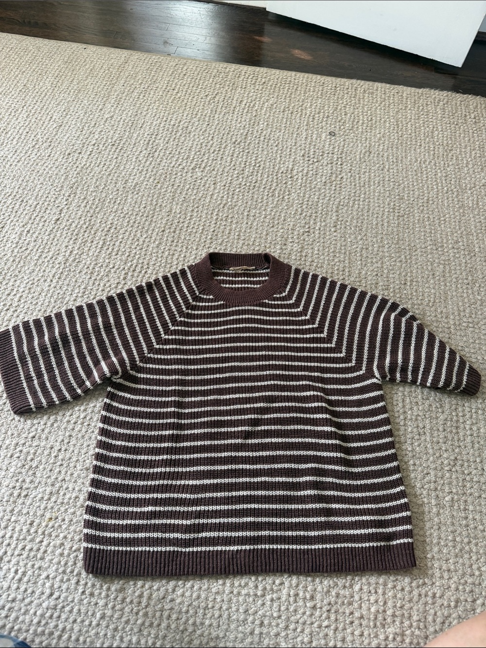 Faherty Brown & Cream Striped Knit Sweater - Crewneck Cotton / Linen
